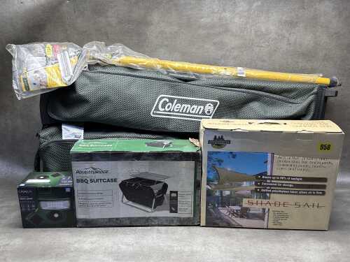 Camping and outdoor accessories, including Adventuridge portable BBQ suitcase