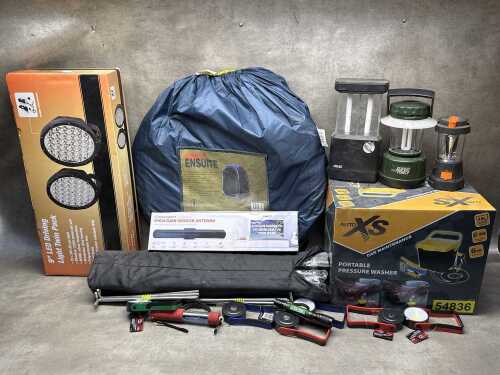 Camping and outdoor accessories, including Auto XS portable pressure washer (new)
