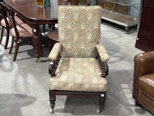 Victorian mahogany bobbin-turned armchair on ceramic castors
