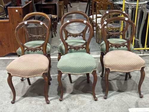 Set of six 1930s walnut balloon-back dining chairs