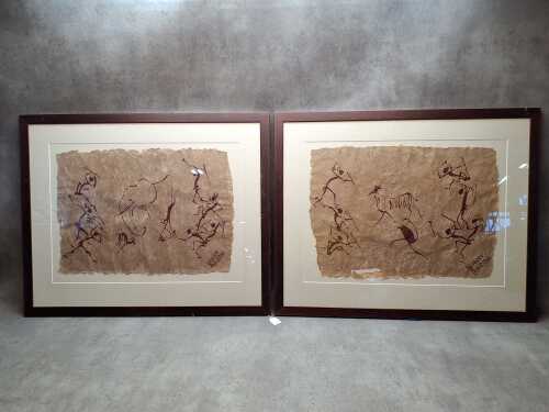 Wisborn Rukiridho (Zimbabwe), tribal hunting scenes (2). Pair of acrylic paintings on handmade paper