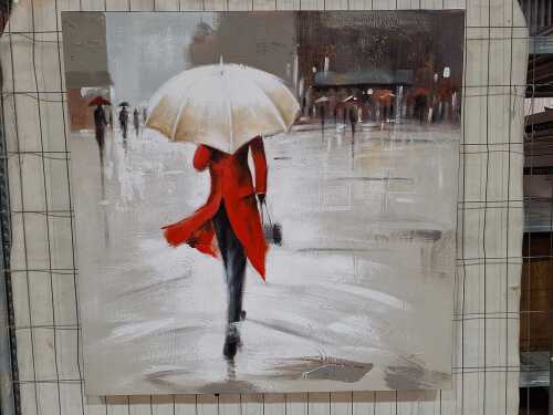 Artist unknown, red coat and umbrella in the rain. Acrylic painting on canvas