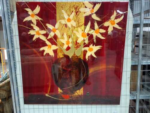 Artist unknown, still life, 2005. Lacquer painting in red, yellow and gold