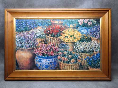 After Wendy Wooden, baskets of flowers. Print on board