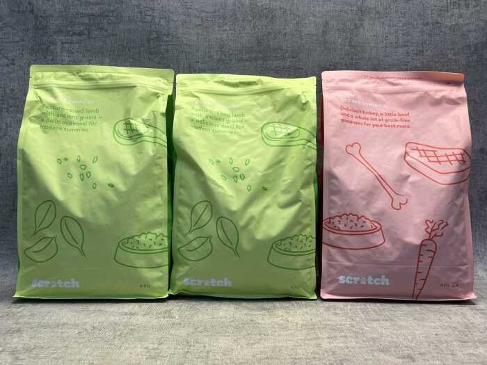 Three packs of Scratch dog food