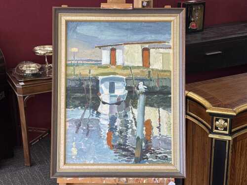 Kate Hellard (1925-2025), (Moored fishing boat), oil painting on board