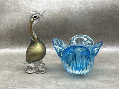 Two mid-century art glass pieces including Murano duck figure and fluted, ruffled bowl