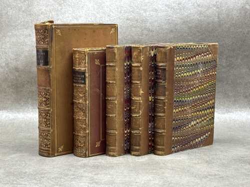 Five leather-bound books including History of Egypt, Vol II, 2nd ed. by Henry Brugsch-Bey 1881,