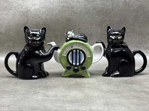 Three cat novelty figural teapots