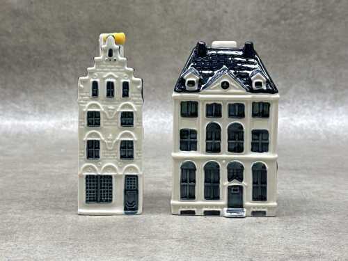Two KLM Delft blue and white ceramic Bols house-form decanters