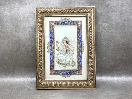 Persian hand-painted picture on bone, with Khatam micro-mosaic inlaid frame