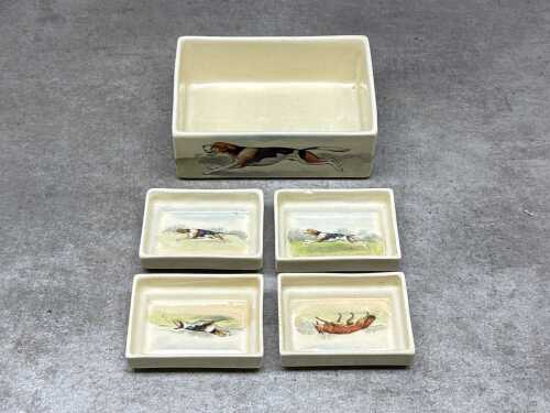 Royal Doulton 'Fox Hunting' porcelain series ware cigarette box with set of four ashtrays