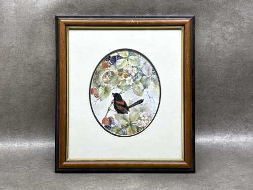 Jo Armstrong, Red-backed Wrens, hand-painted porcelain tile