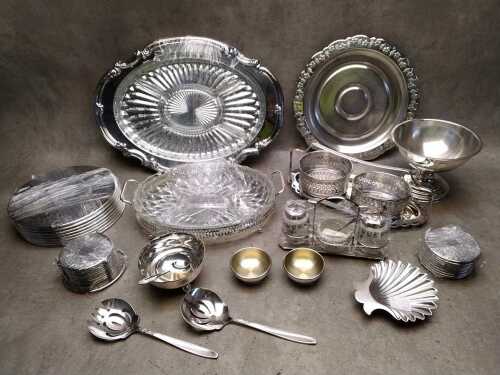 Silver-plated servingware including divided dishes, coasters and placemats, condiments set, etc.