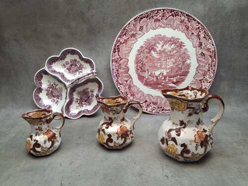 Mason's ironstone serving ware including a set of three graduated jugs, platter, etc.
