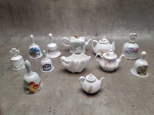 Miniature porcelain items including bells and teapots