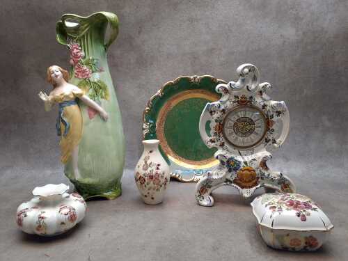 European porcelain including Zsolnay trinket box, HB Belgium mantel clock, Alka platter, etc