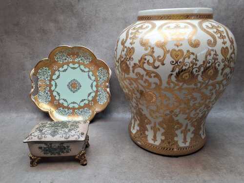 Three French-style gilded ceramic decorator items including jardiniere, plate and trinket box