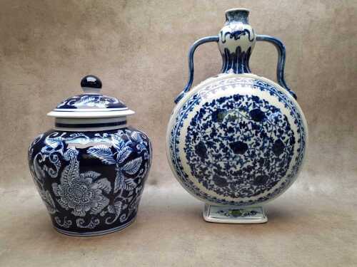 Two Chinese blue and white ceramic vessels including ginger jar and moon vase.