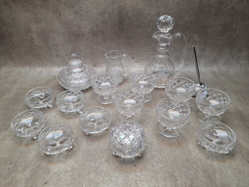 Assorted cut crystal including jugs, dessert dishes, trinket box, etc.