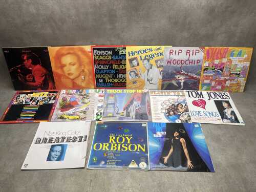 Fourteen vinyl records, including '80s Pop compilations