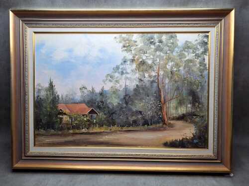 Pauline Stewart (1936-), Home in the Hills, Belgrave. Oil painting on board