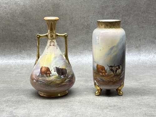 Two Crown Devon porcelain vases with hand painted Highland cattle scenes