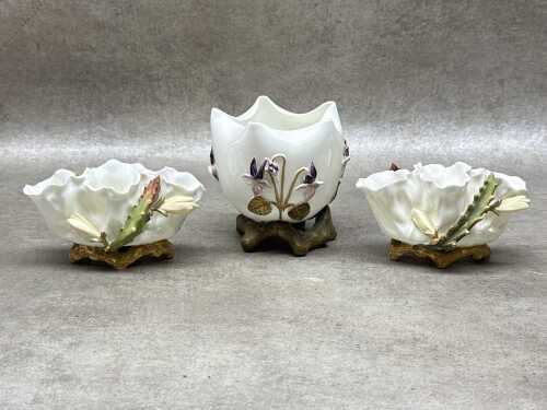 Three Victorian Moore porcelain vases, A/F