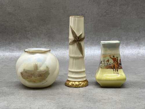 Three Royal Doulton and Worcester porcelain miniature vases