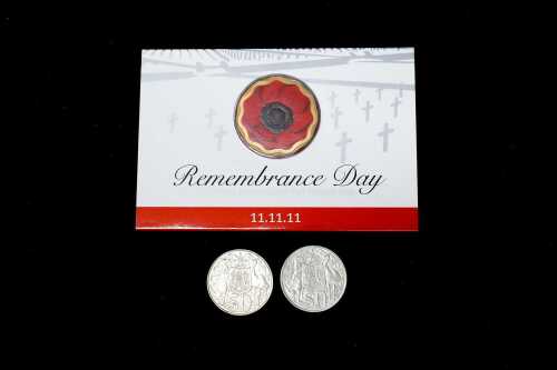 2011 Remembrance Day $5 coin and 2 x 1966 50 cent coins