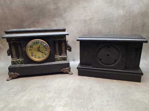 Antique Ingraham black lacquer mantel clock, plus one other