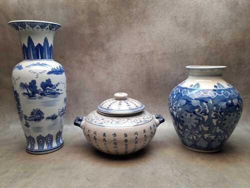 Three Oriental blue and white porcelain pieces