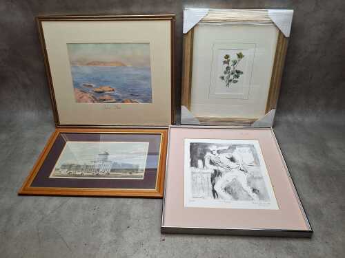Group of artworks including At the Pub editioned print, watercolour, etching of Melbourne Supreme Court, etc