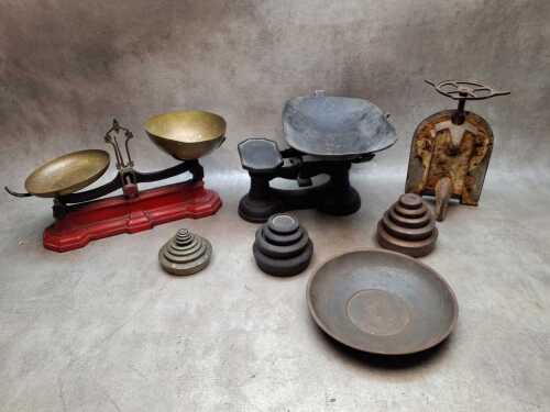 Three antique scales including Avery, enamel faced, etc