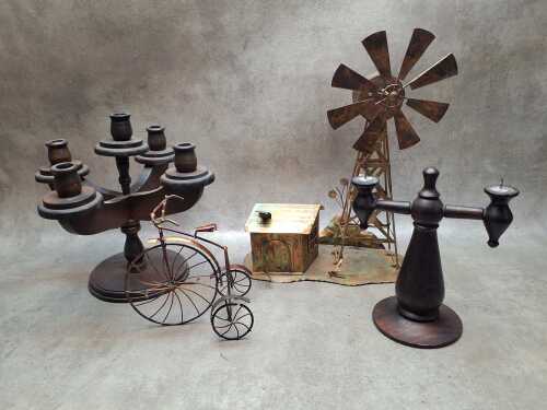 Decorative items, including outback metal sculpture with musical windmill