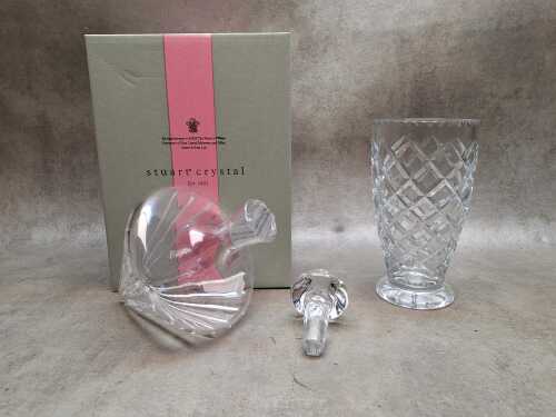 Two crystal pieces including a Stuart side rest decanter, new in box