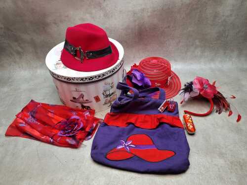 Purple and red race day headwear