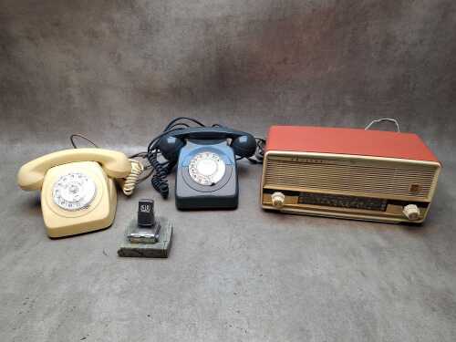 Philips radio and two rotary dial telephones