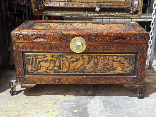 Hand-carved camphorwood chest with nautical theme