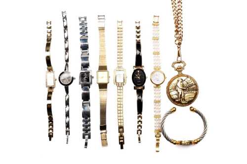 Collection of eight ladies quartz watches and a pocket watch on necklace