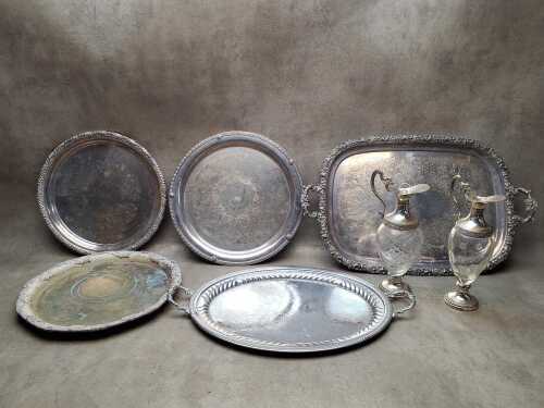 Silver-plated trays and Italian silver plate mounted ewers