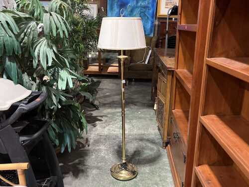 Gold and cream. Height 149cm.Brass floor lamp with cream shade