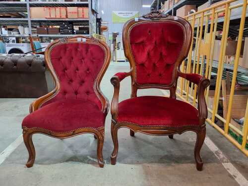A lady's and gentleman's, pair of Victorian-style velvet button-back chairs