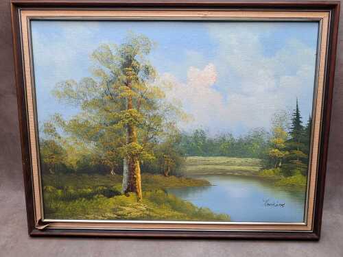 Jenkinds (artist unknown), (European river scene), oil painting on artist board