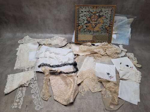 Antique lace samples including tatting, bobbin, etc, in antique Chinese silk and metal thread embroidered box