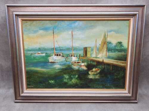 Robert J. Sperring (1929-), boats at jetty. Oil painting on board
