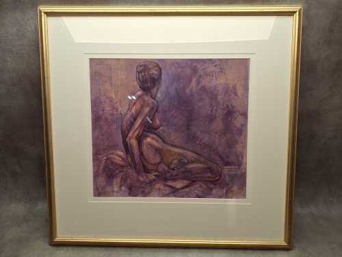 Roz McQuillan, Seated Female Nude. Gouache painting on paper