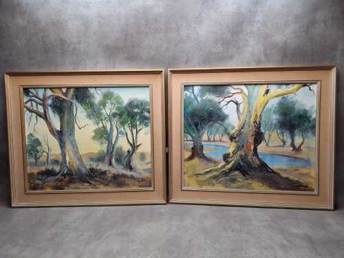 Thomsen (artist unknown), Pair of Australian landscape paintings, acrylic on artist board