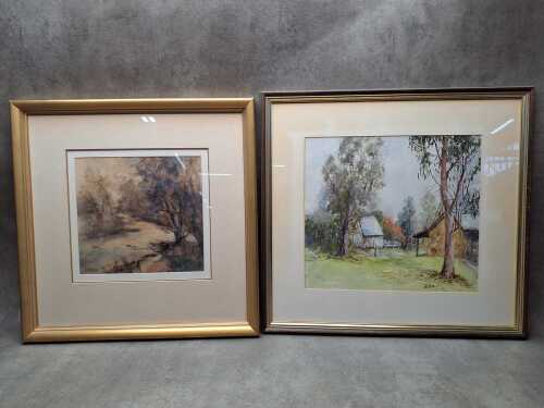 Two Australian landscape paintings on paper including Kathie McDermott, River Bend and Ruth Aitchison, Rural view - Blackburn.