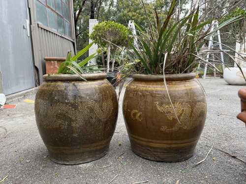 Pair of Oriental glazed planter pots